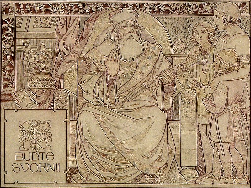 Książę Svatopluk (Świętopełk) z wiązką prętów i swoimi synami.